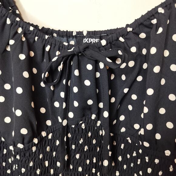 Express Polka Dot Mini Dress Smocked Balloon Sleeve - Picture 6 of 8